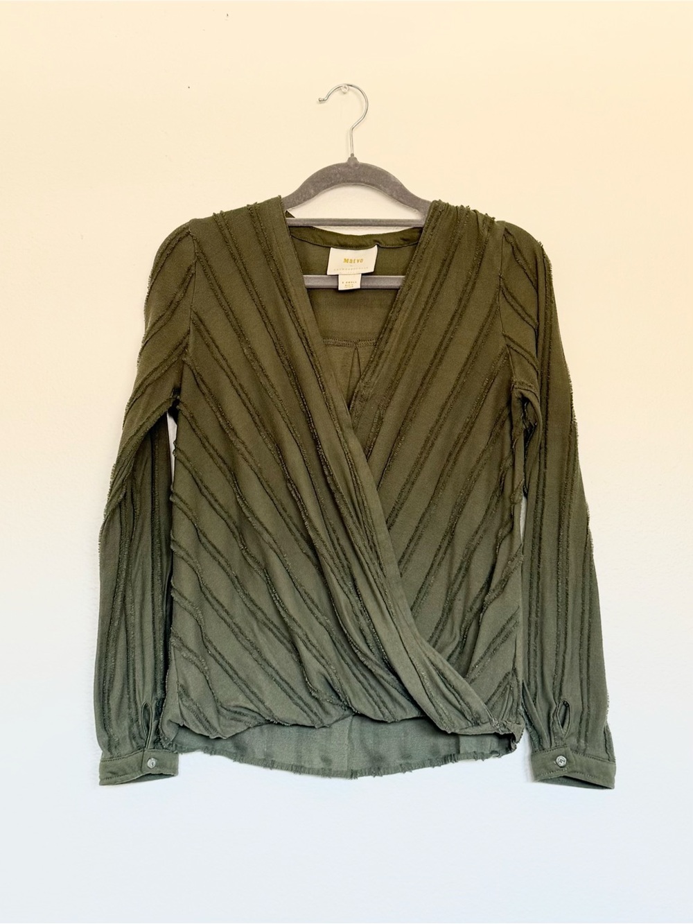 Maeve Anthropologie Long Sleeve Wrap Top Olive Green Khaki XS